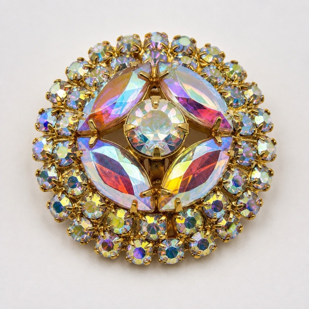 Vtg Juliana D&E Attributed AB Rhinestone Brooch Aurora Borealis Gold Tone 1.75"